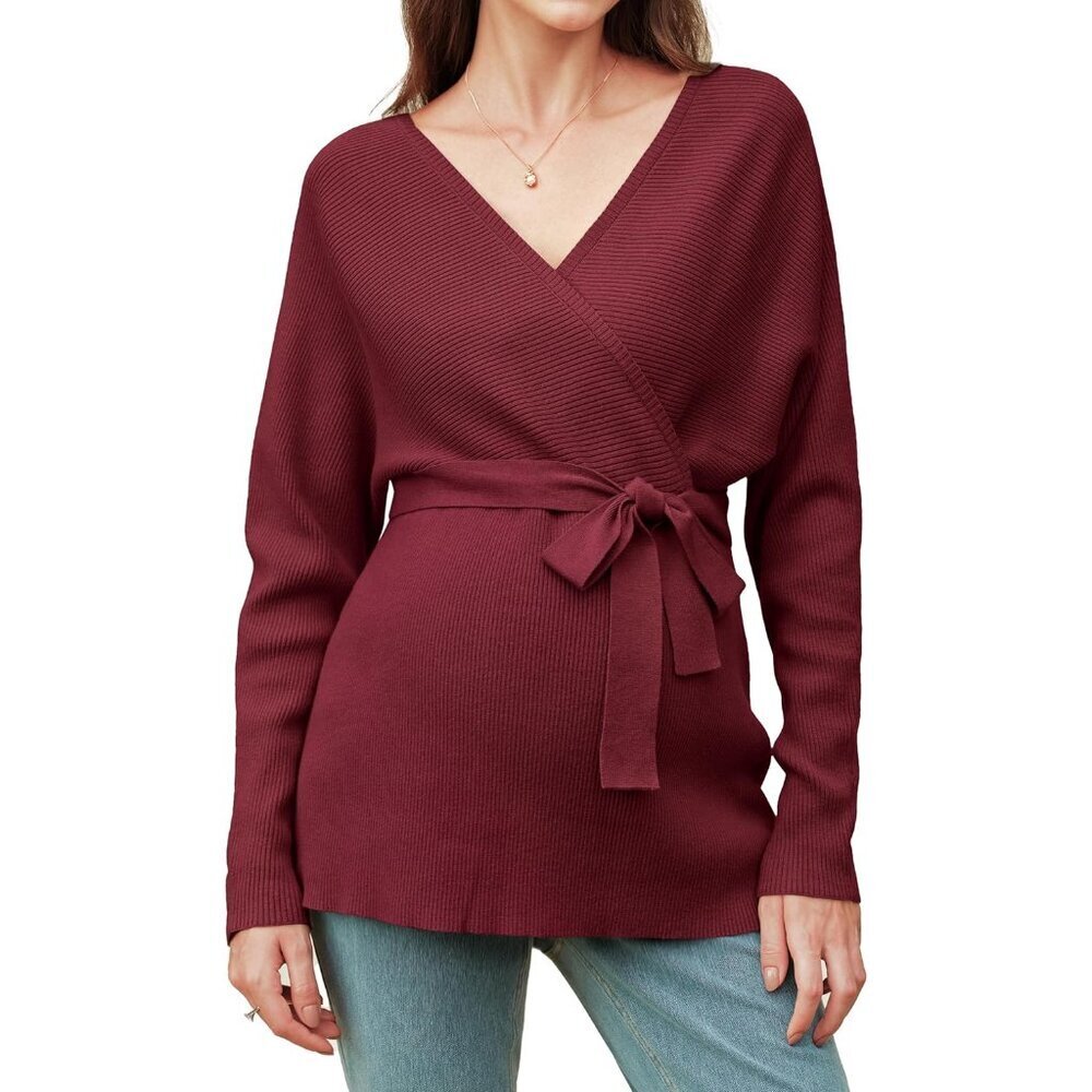 Women's Cotton Blend Maternity Sweater Wrap V Neck Long Sleeve Belt